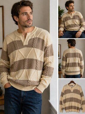 Bogner Cable Knit Sweater Large Beige Taupe 100% Cotton Luxury